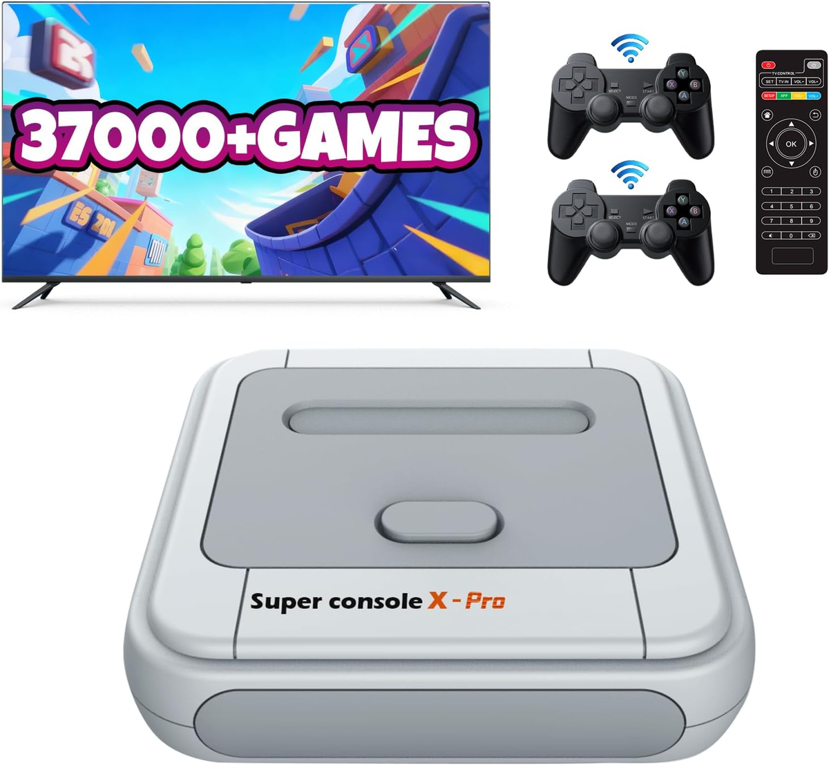 Super Console X Pro,Retro Video Game Console with 37,000+ Games, Emulator Console Compatible Most Games, Support 4K TV HD/AV Output, 2 Wireless Controllers,Gift for Men
