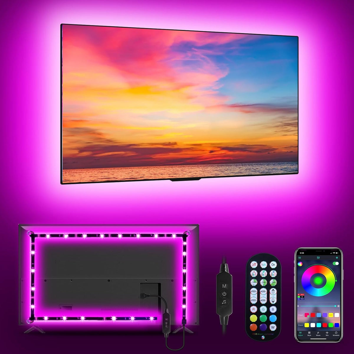 LED Lights for TV Led Backlight, 9.84Ft RGB Led Strip Lights USB TV Lights behind 32-43In, APP Remote Control Music Sync TV Led Light for Bedroom Gaming Home Décor